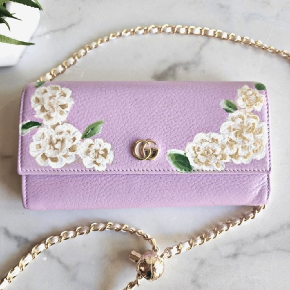 Gucci Lavendar Long Front Flap Wallet on Chain, Handpainted Flowes
